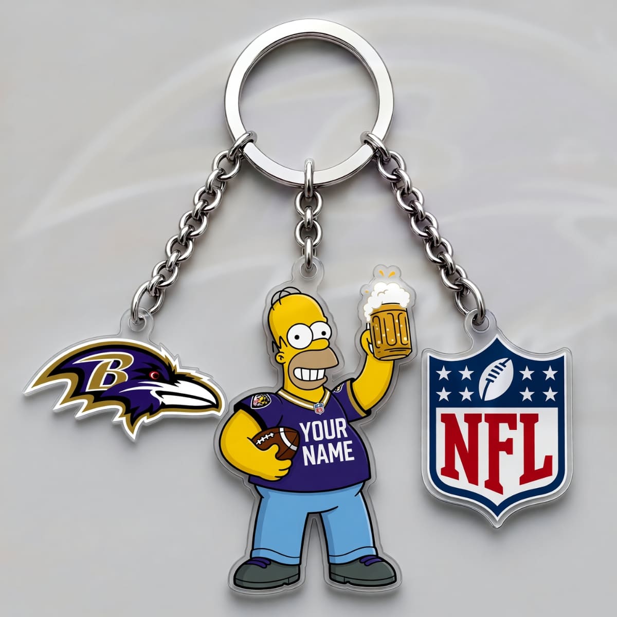 Personalized Baltimore Ravens x The Simpsons Triple Charm Keychain - Custom Name | NFL Fan Gift