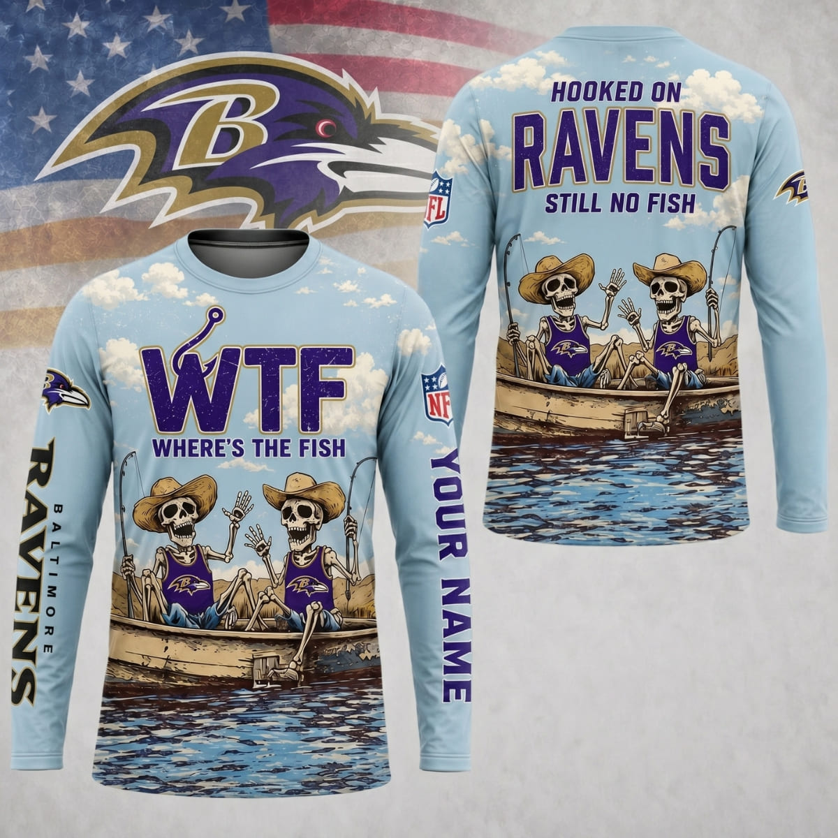 Personalized Baltimore Ravens Where’s The Fish Long Sleeve Shirt – Custom Name | NFL x Fishing