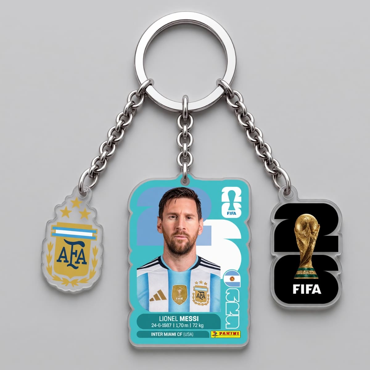 Lionel Messi Argentina Teal Player Card Triple Charm Keychain | World Cup 2026