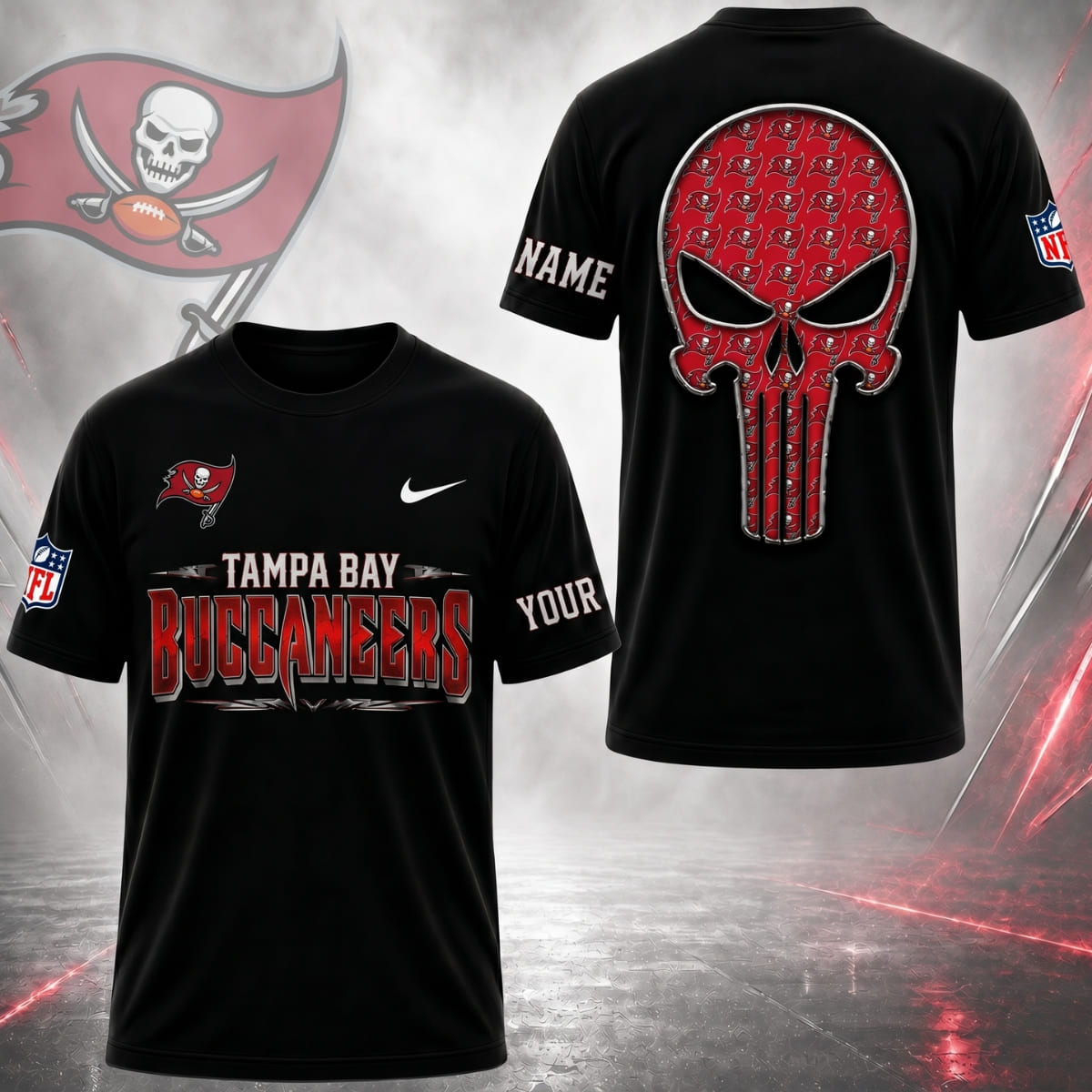 Personalized Tampa Bay Buccaneers Gridiron Skull Unisex T-Shirt – Custom Name | NFL Fan Outfit