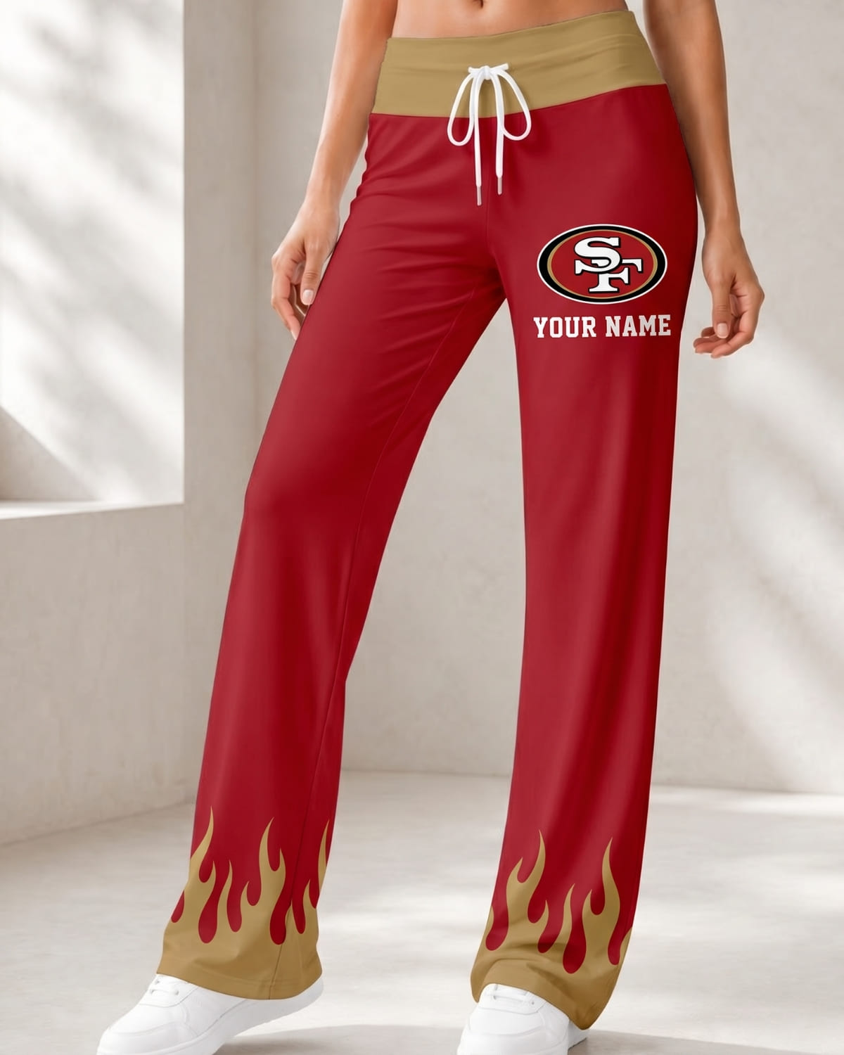 Personalized San Francisco 49ers Flame Hem Comfy Women’s Pants – Custom Name | NFL Fan Outfit