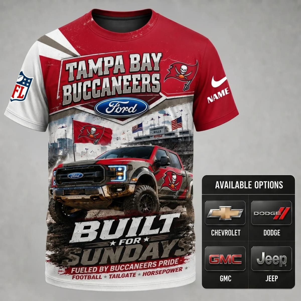Personalized Tampa Bay Buccaneers Built for Sundays Unisex T-Shirt – Custom Name & Vehicle | NFL Fan Outfit