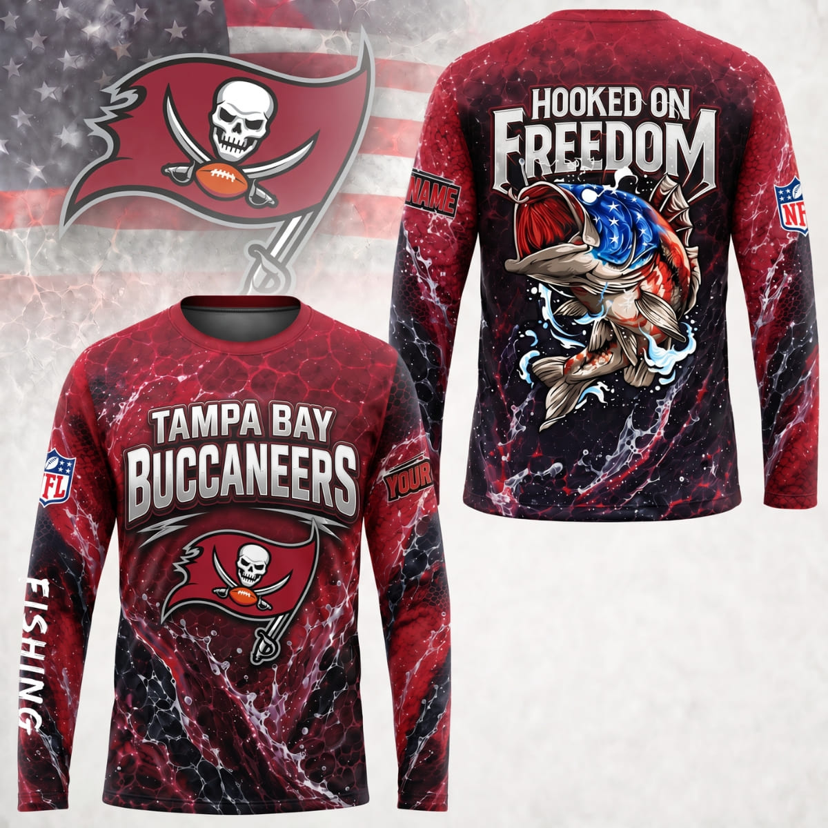 Personalized Tampa Bay Buccaneers Hooked on Freedom Long Sleeve Shirt – Custom Name | NFL x Fishing