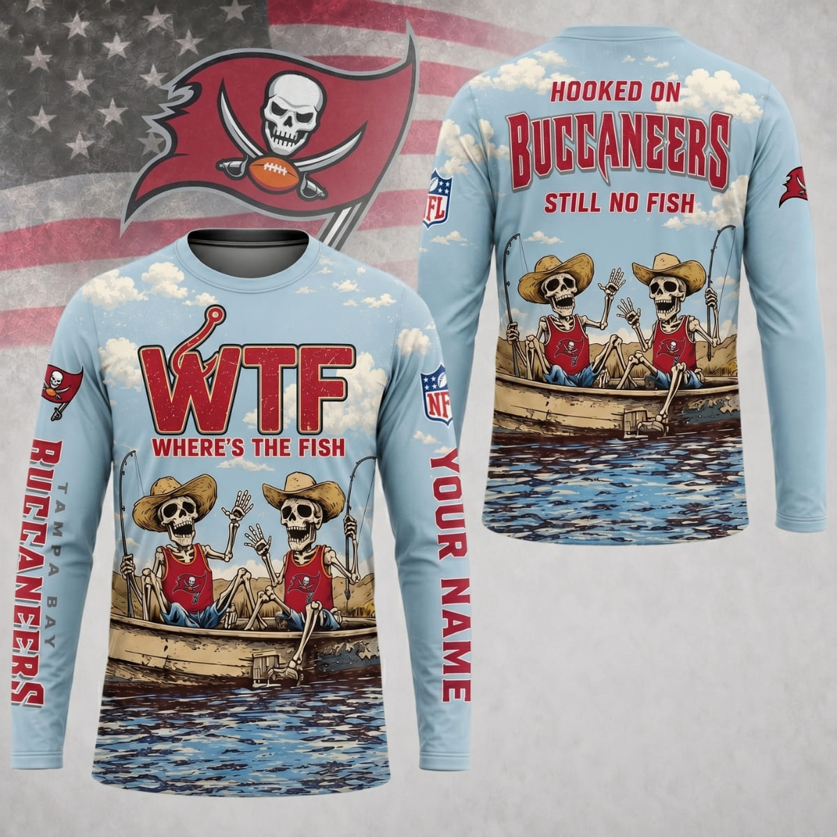 Personalized Tampa Bay Buccaneers Where’s The Fish Long Sleeve Shirt – Custom Name | NFL x Fishing