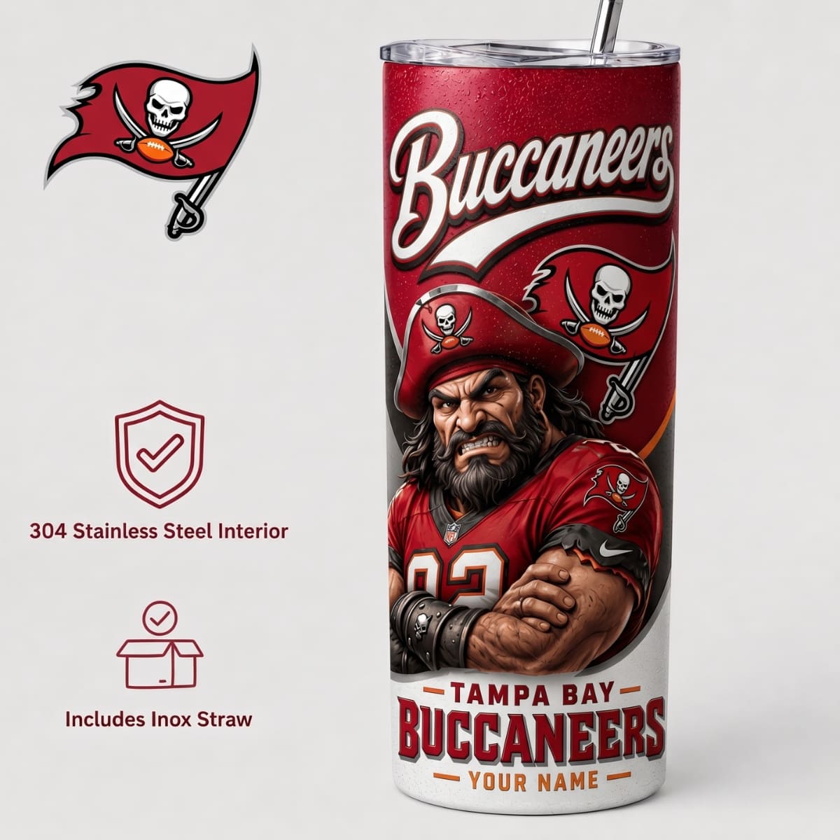Personalized Tampa Bay Buccaneers Game Day Mascot 20oz Straight Tumbler – Custom Name | NFL Fan Gift