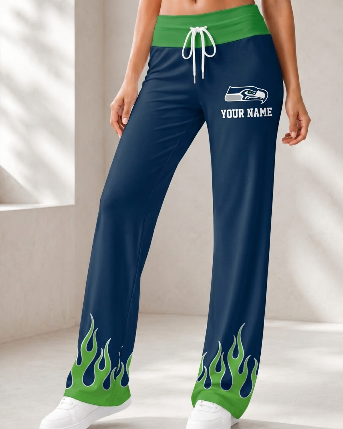 Personalized Seattle Seahawks Flame Hem Comfy Women’s Pants – Custom Name | NFL Fan Outfit