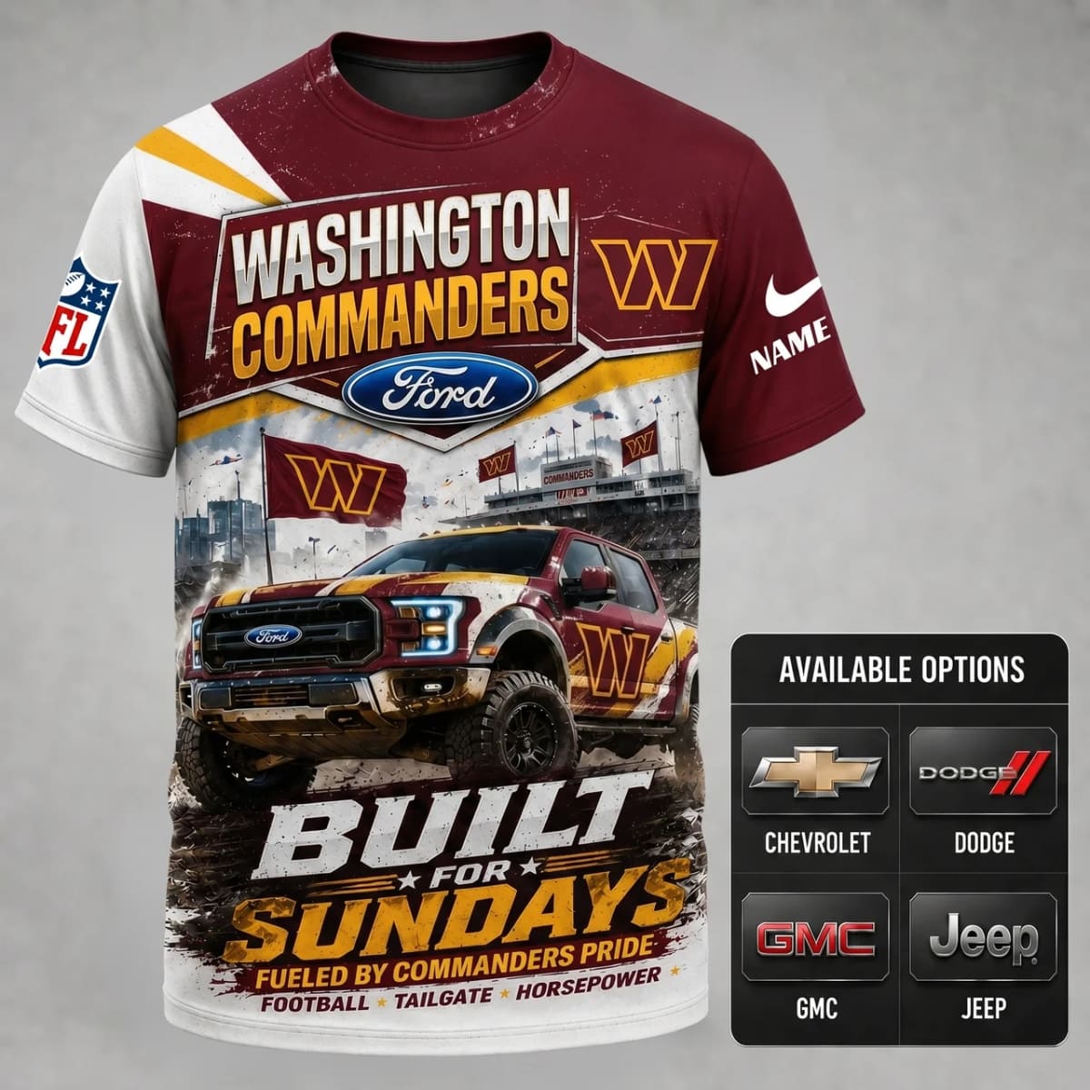 Personalized Washington Commanders Built for Sundays Unisex T-Shirt – Custom Name & Vehicle | NFL Fan Outfit