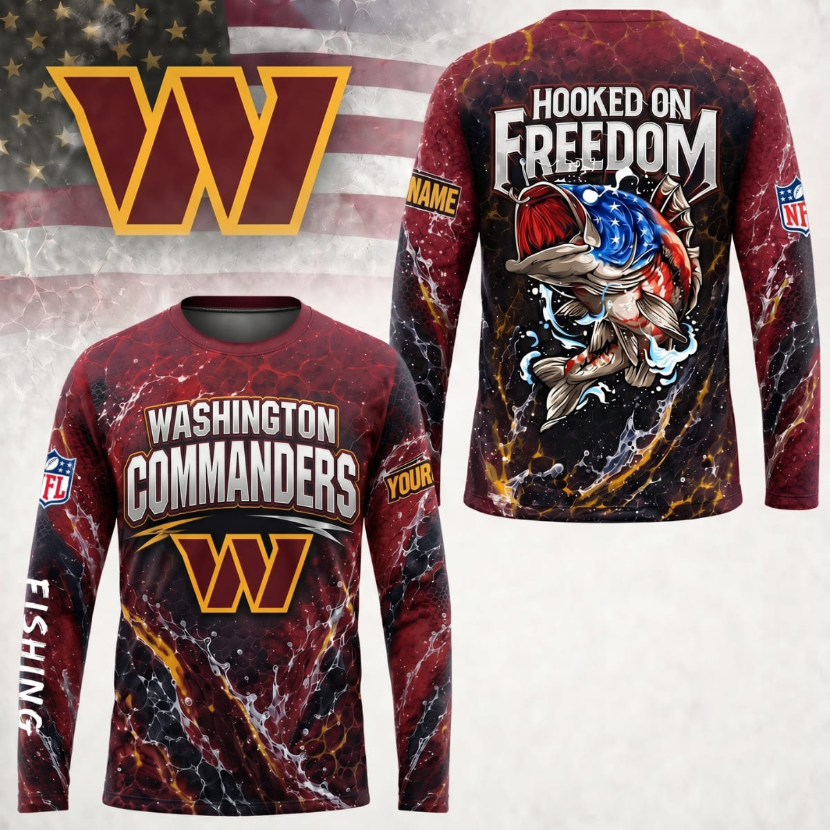 Personalized Washington Commanders Hooked on Freedom Long Sleeve Shirt – Custom Name | NFL x Fishing