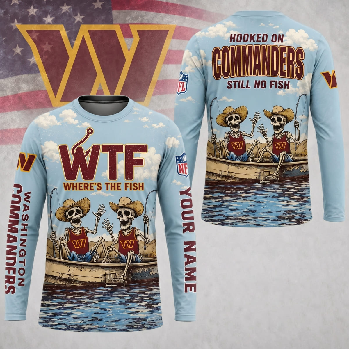 Personalized Washington Commanders Where’s The Fish Long Sleeve Shirt – Custom Name | NFL x Fishing