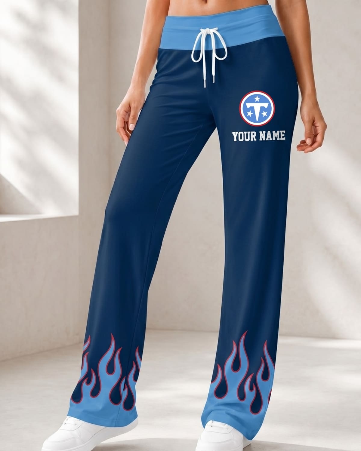 Personalized Tennessee Titans Flame Hem Comfy Women’s Pants – Custom Name | NFL Fan Outfit