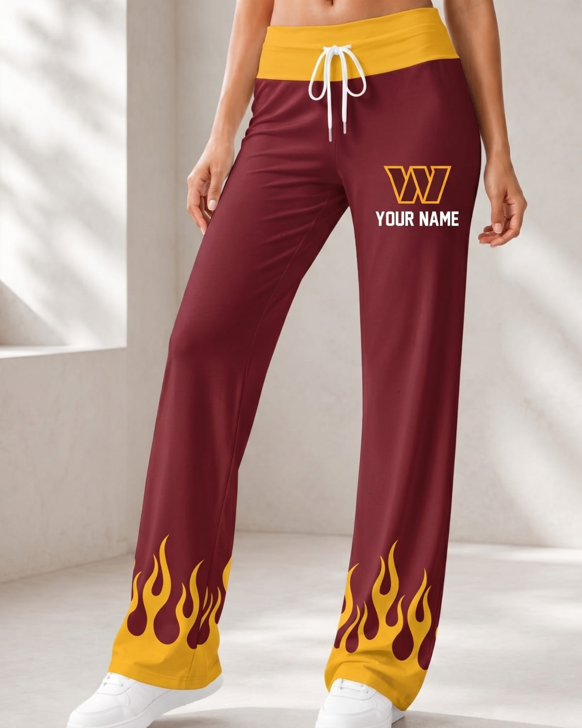 Personalized Washington Commanders Flame Hem Comfy Women’s Pants – Custom Name | NFL Fan Outfit