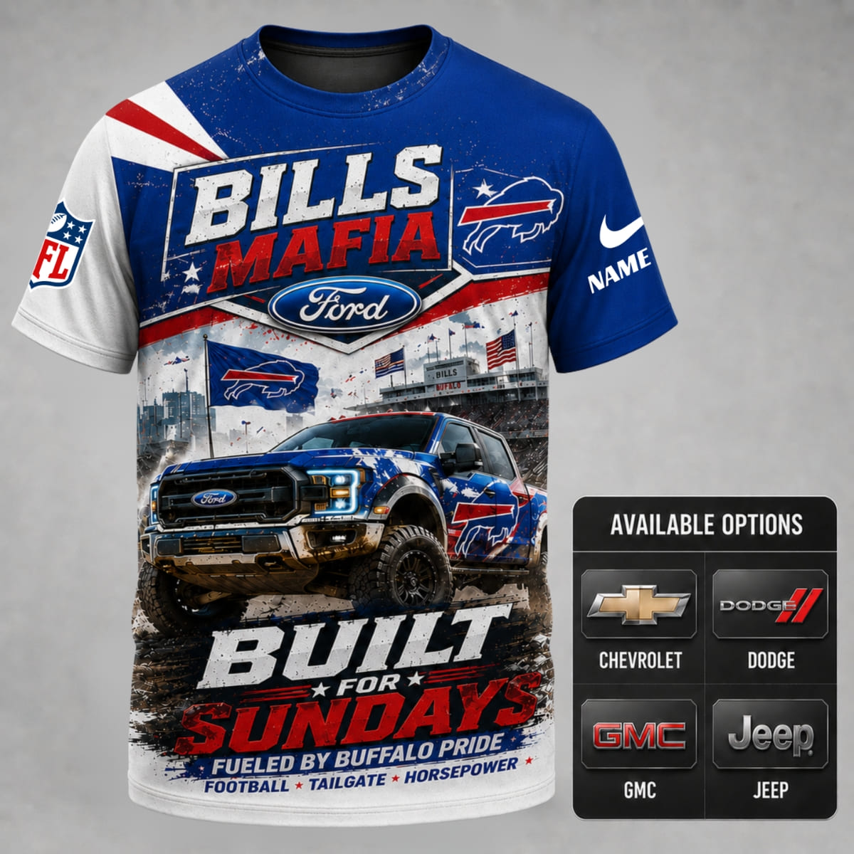 Personalized Buffalo Bills Built for Sundays Unisex T-Shirt – Custom Name & Vehicle | NFL Fan Outfit