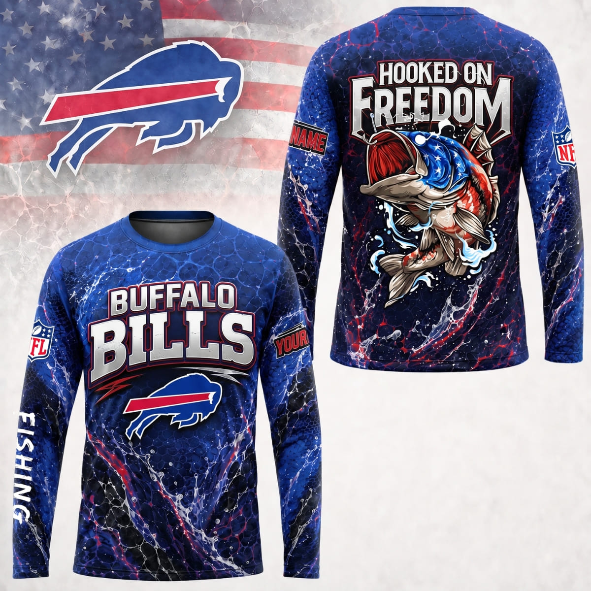 Personalized Buffalo Bills Hooked on Freedom Long Sleeve Shirt – Custom Name | NFL x Fishing