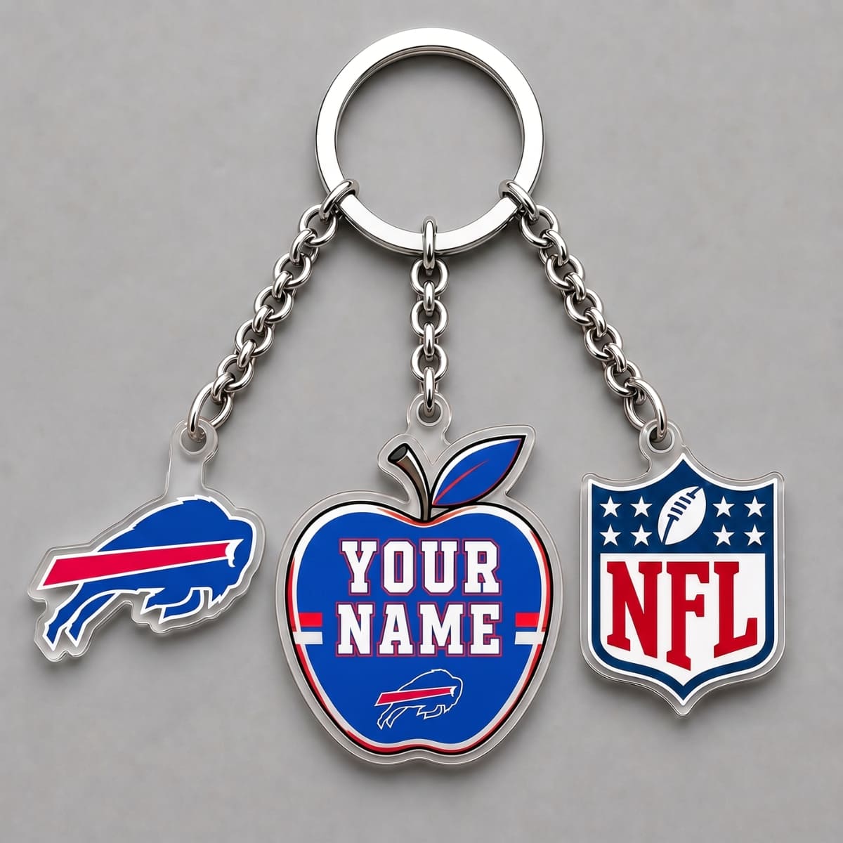 Personalized Buffalo Bills Back to School Apple Triple Charm Keychain – Custom Name | NFL Fan Gift