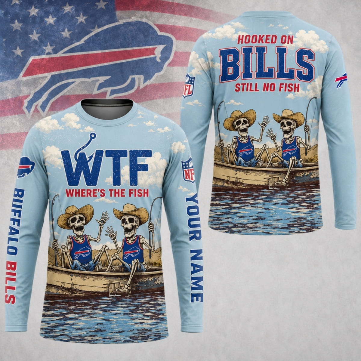Personalized Buffalo Bills Where’s The Fish Long Sleeve Shirt – Custom Name | NFL x Fishing