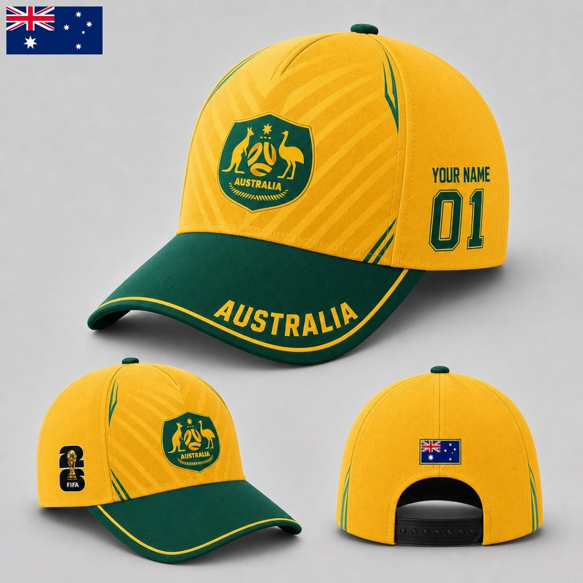Personalized Australia Baseball Cap – Home Jersey Inspired – Custom Name & Number | World Cup 2026
