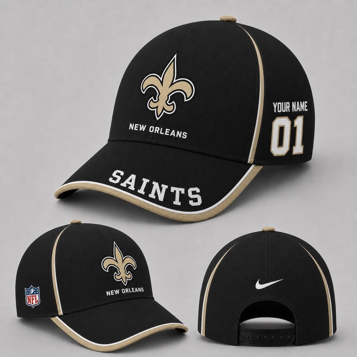 Personalized New Orleans Saints Football Baseball Cap – Custom Name & Number