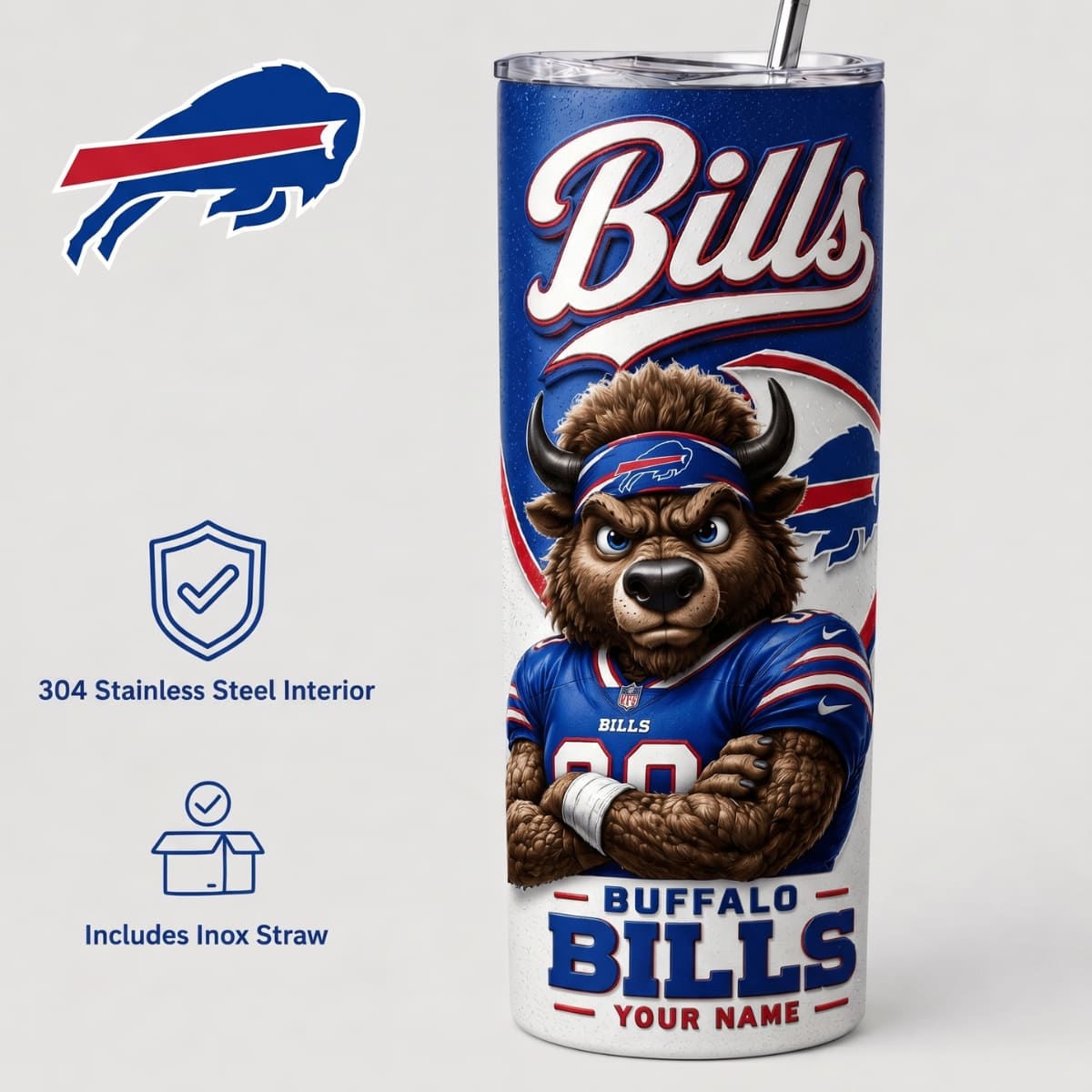 Personalized Buffalo Bills Game Day Mascot 20oz Straight Tumbler – Custom Name | NFL Fan Gift