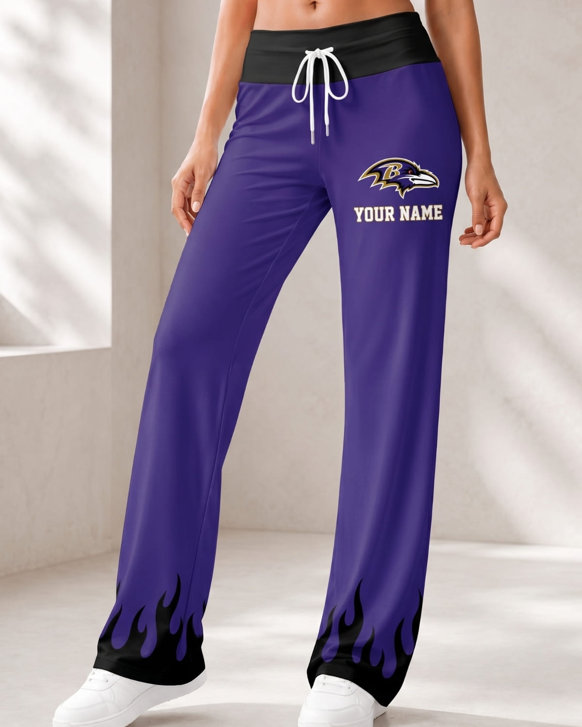 Personalized Baltimore Ravens Flame Hem Comfy Women’s Pants – Custom Name | NFL Fan Outfit