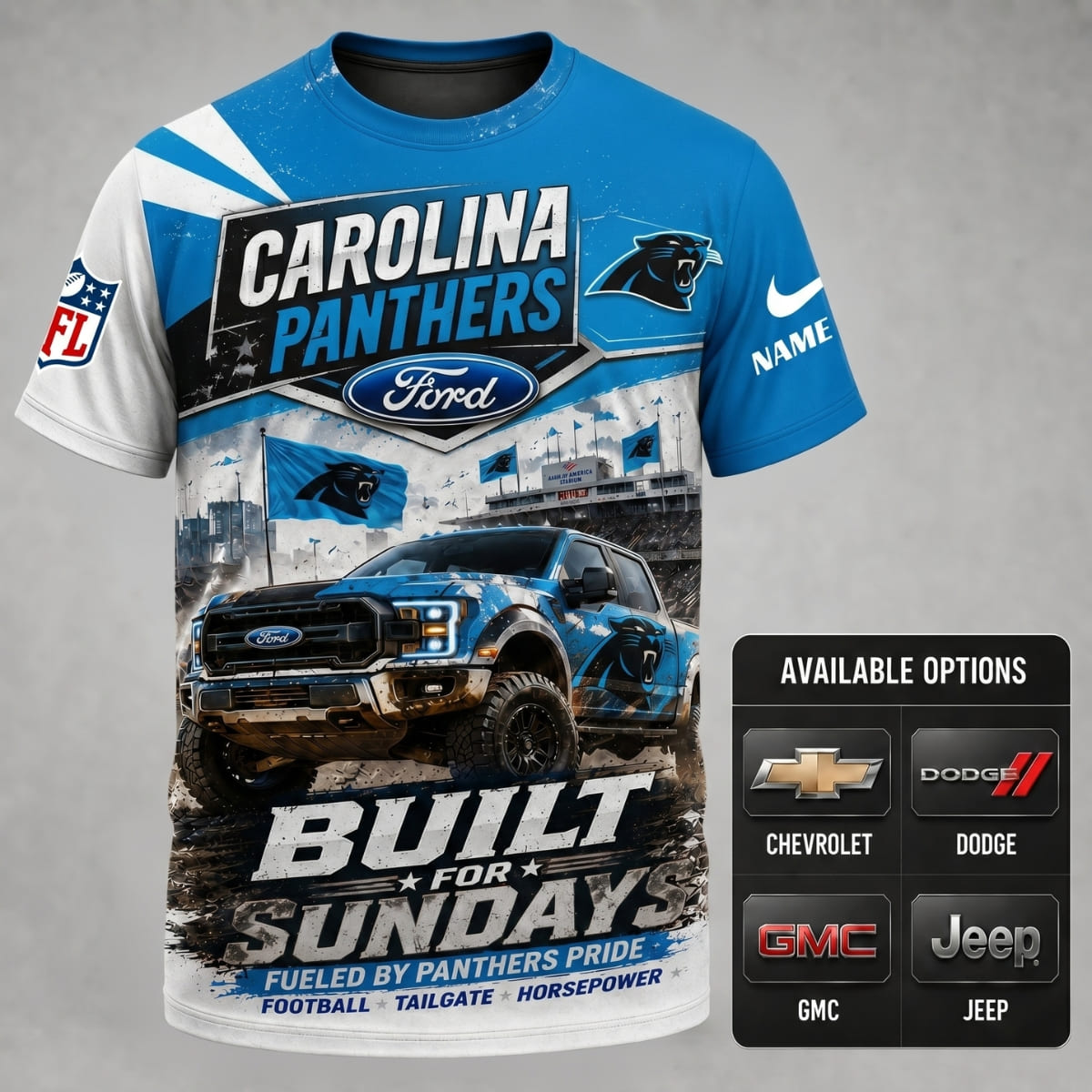 Personalized Carolina Panthers Built for Sundays Unisex T-Shirt – Custom Name & Vehicle | NFL Fan Outfit