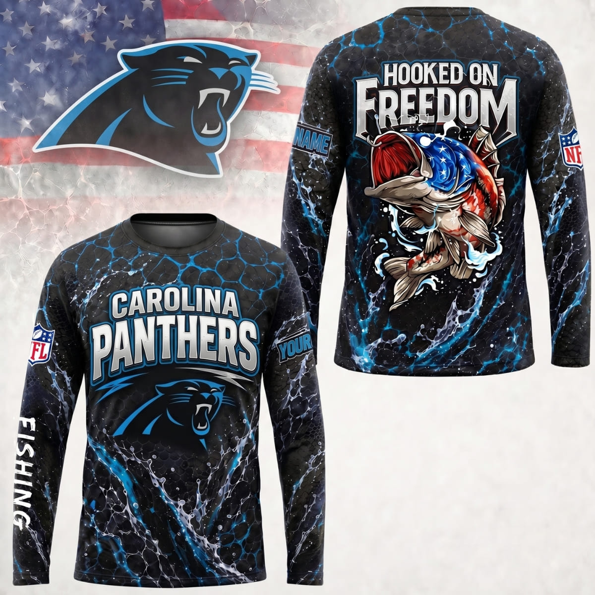 Personalized Carolina Panthers Hooked on Freedom Long Sleeve Shirt – Custom Name | NFL x Fishing