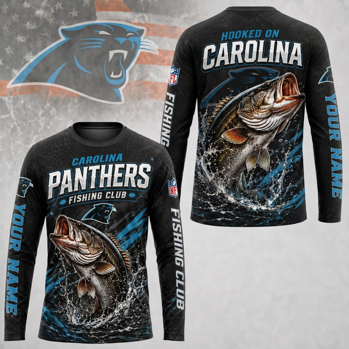 Personalized Carolina Panthers Fishing Club Long Sleeve Shirt – Custom Name | NFL x Fishing