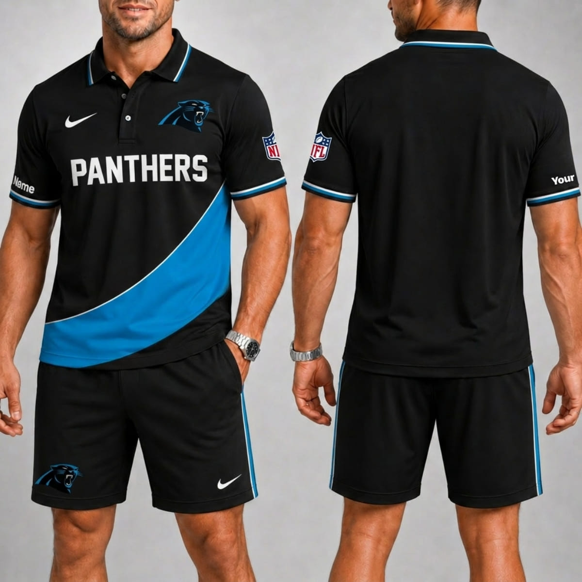 Personalized Carolina Panthers Sideline Edition Polo Shirt & Shorts Set – Custom Name | NFL Fan Outfit