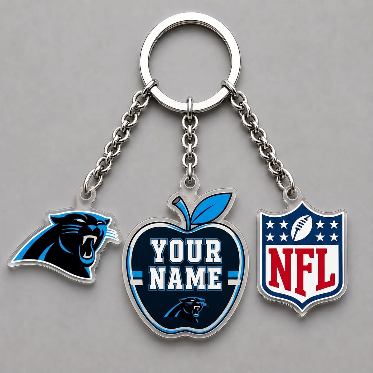 Personalized Carolina Panthers Back to School Apple Triple Charm Keychain – Custom Name | NFL Fan Gift