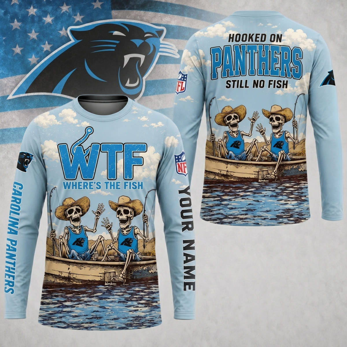 Personalized Carolina Panthers Where’s The Fish Long Sleeve Shirt – Custom Name | NFL x Fishing