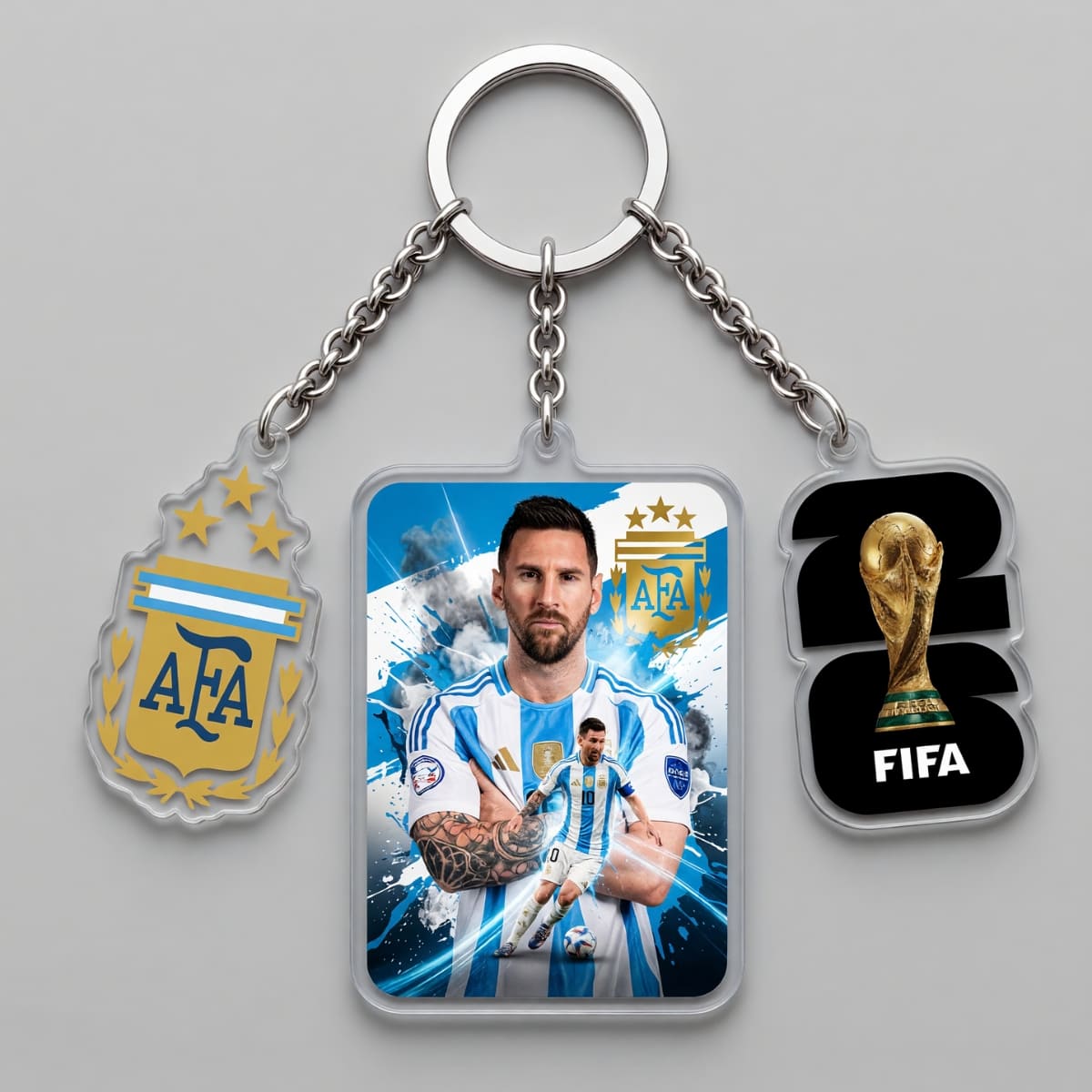 Lionel Messi No.10 Argentina Blue Power Portrait Triple Charm Keychain | World Cup 2026