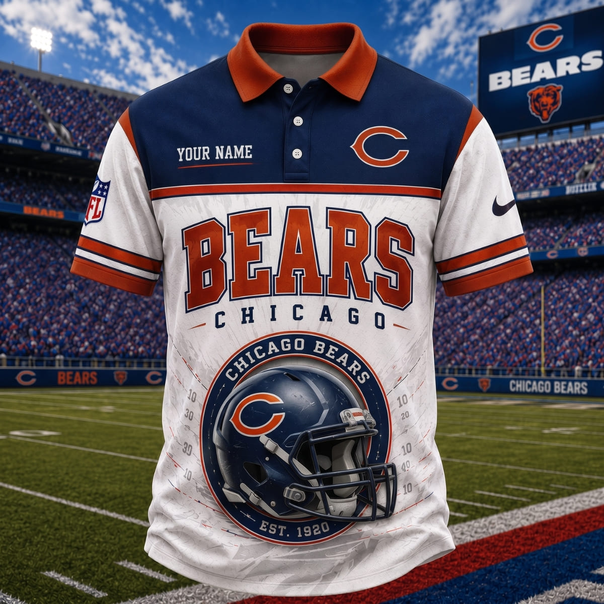 Personalized Chicago Bears Stadium Helmet Polo Shirt – Custom Name | NFL Fan Outfit