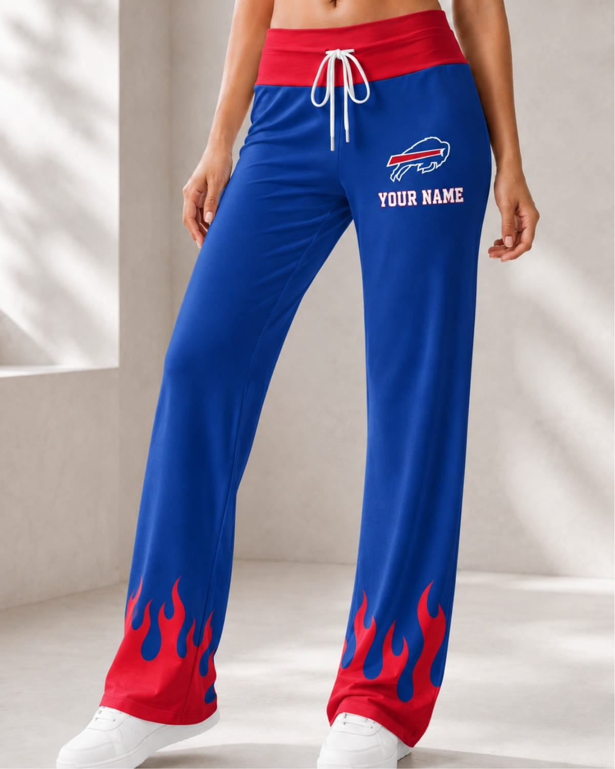 Personalized Buffalo Bills Flame Hem Comfy Women’s Pants – Custom Name | NFL Fan Outfit