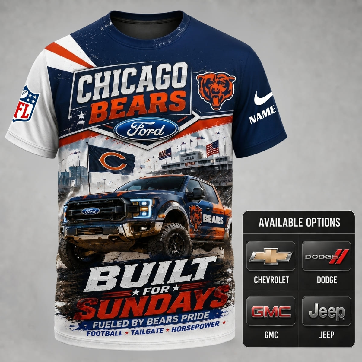 Personalized Chicago Bears Built for Sundays Unisex T-Shirt – Custom Name & Vehicle | NFL Fan Outfit