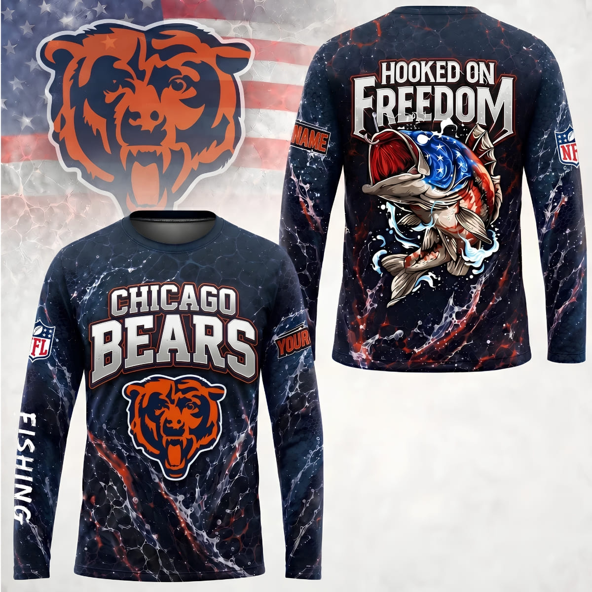 Personalized Chicago Bears Hooked on Freedom Long Sleeve Shirt – Custom Name | NFL x Fishing