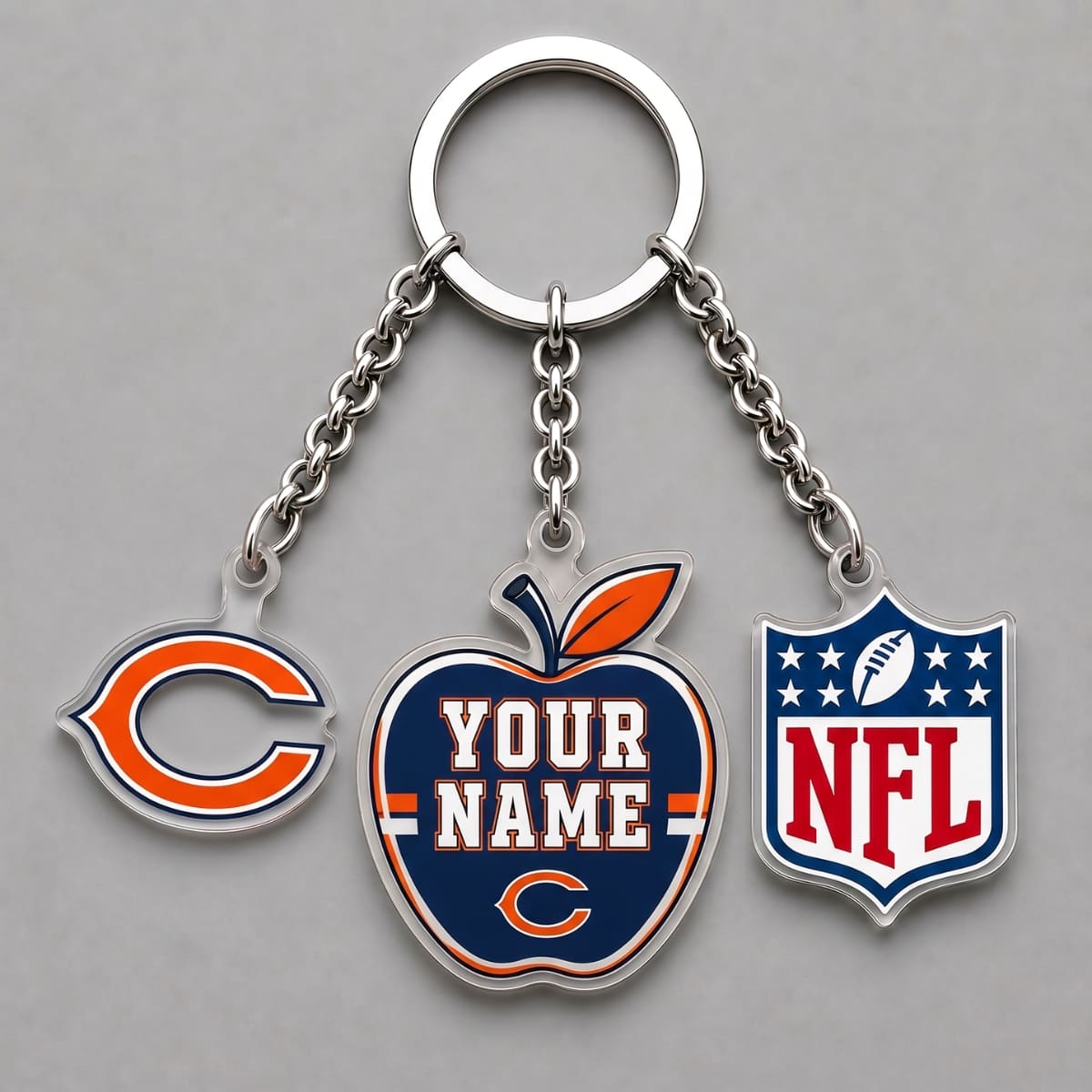 Personalized Chicago Bears Back to School Apple Triple Charm Keychain – Custom Name | NFL Fan Gift