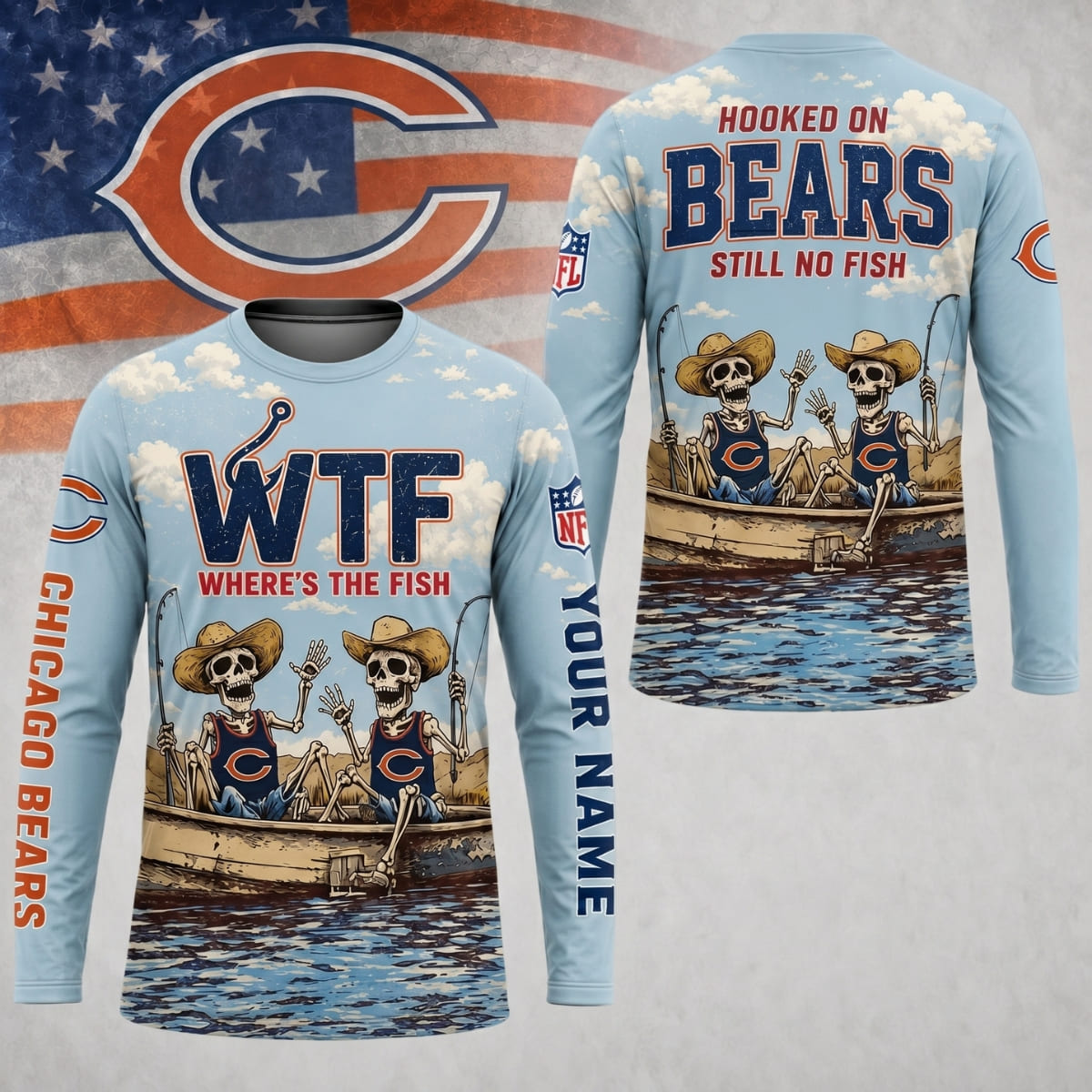 Personalized Chicago Bears Where’s The Fish Long Sleeve Shirt – Custom Name | NFL x Fishing