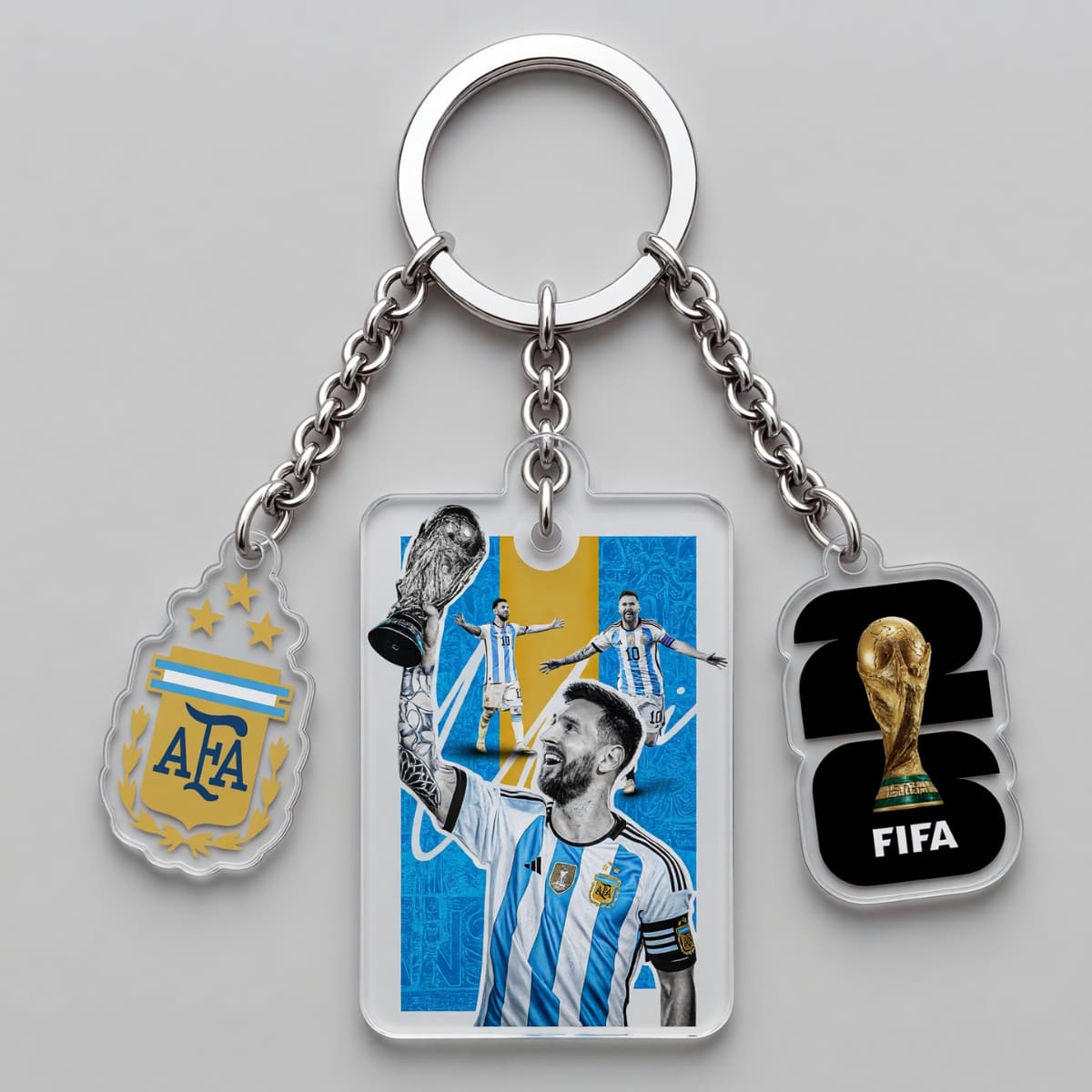Lionel Messi Argentina Trophy Hero Triple Charm Keychain | World Cup 2026