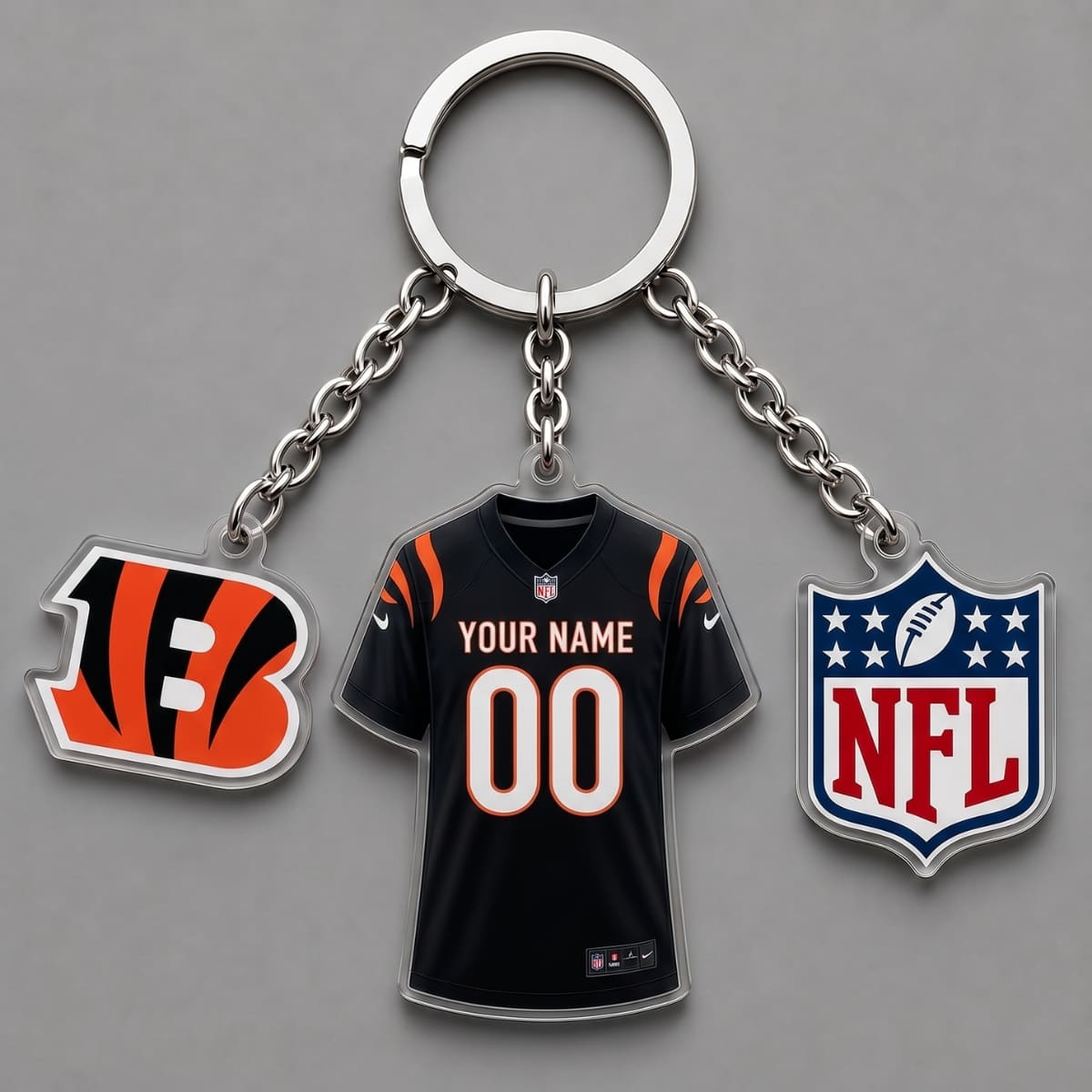 Personalized Cincinnati Bengals Triple Charm Jersey Keychain – Custom Name & Number | NFL Fan Gift