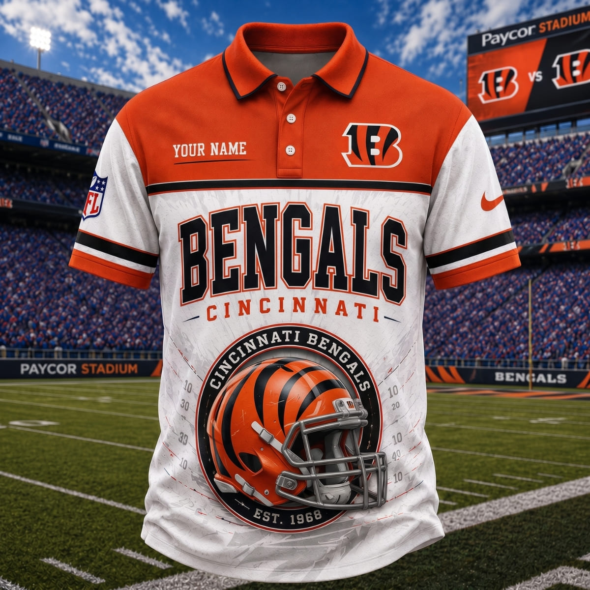 Personalized Cincinnati Bengals Stadium Helmet Polo Shirt – Custom Name | NFL Fan Outfit
