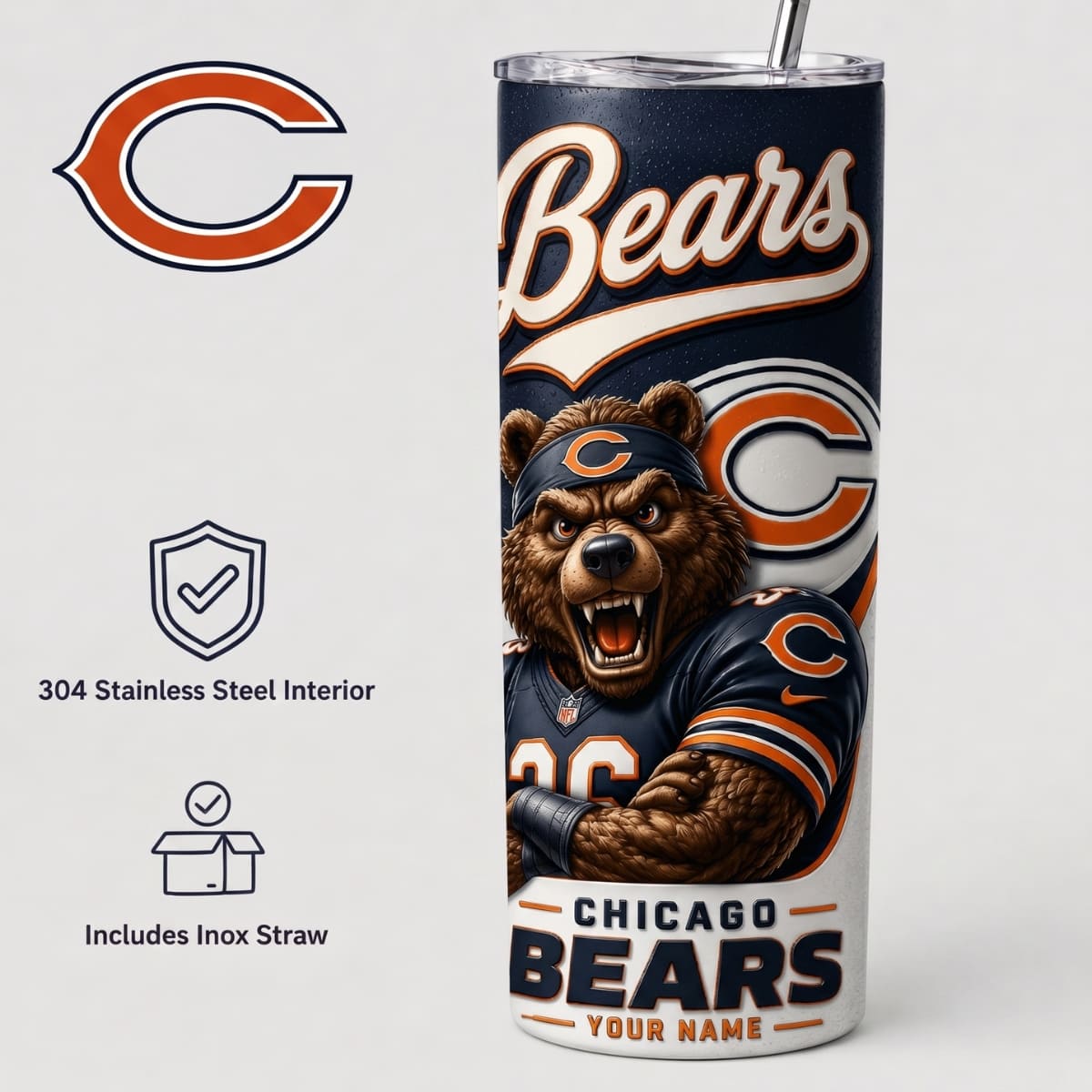 Personalized Chicago Bears Game Day Mascot 20oz Straight Tumbler – Custom Name | NFL Fan Gift