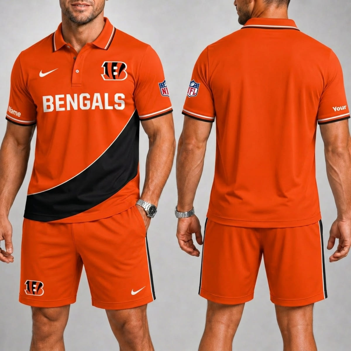 Personalized Cincinnati Bengals Sideline Edition Polo Shirt & Shorts Set – Custom Name | NFL Fan Outfit