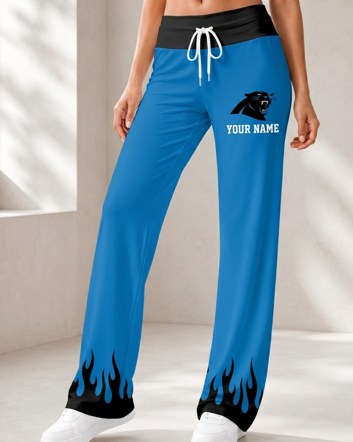 Personalized Carolina Panthers Flame Hem Comfy Women’s Pants – Custom Name | NFL Fan Outfit