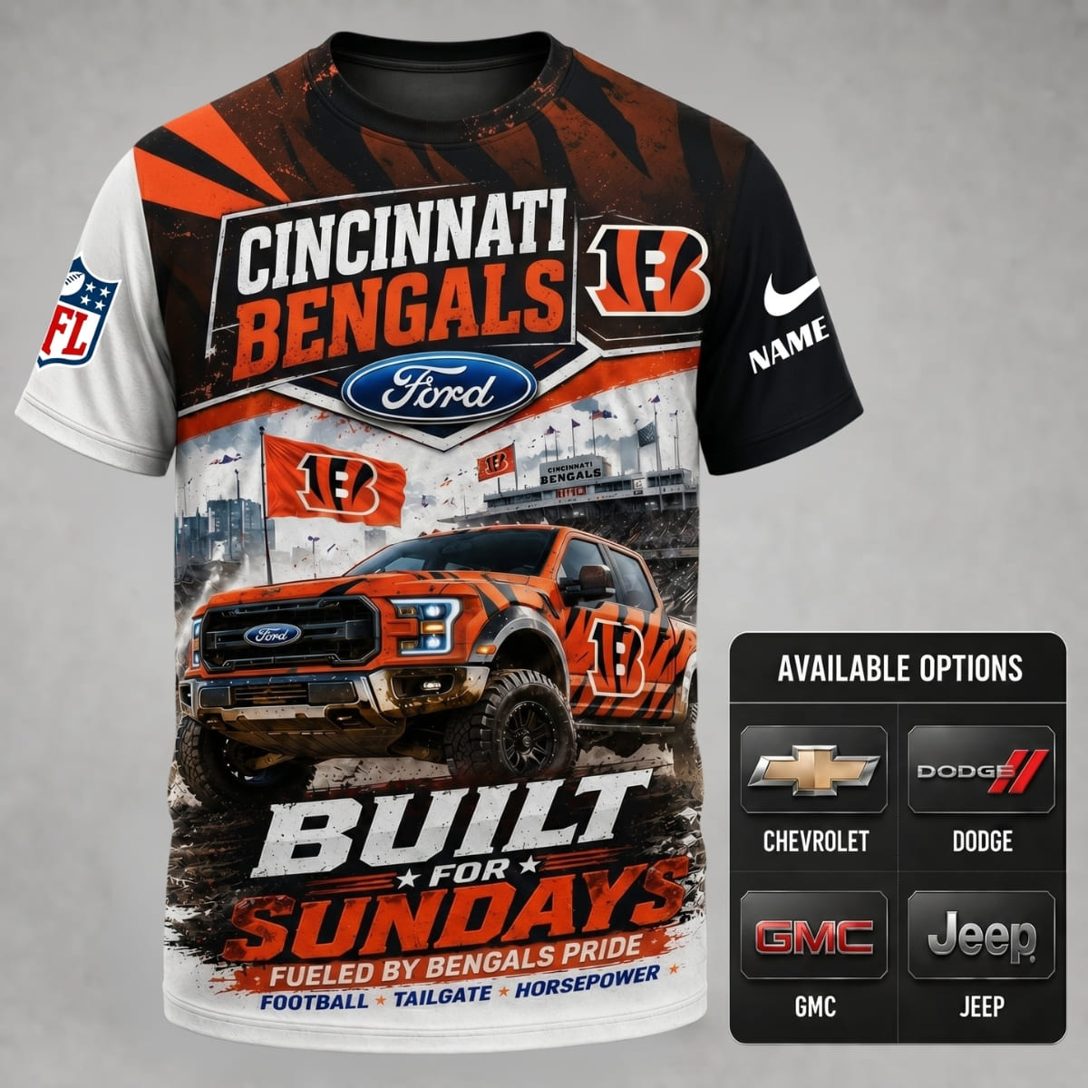 Personalized Cincinnati Bengals Built for Sundays Unisex T-Shirt – Custom Name & Vehicle | NFL Fan Outfit