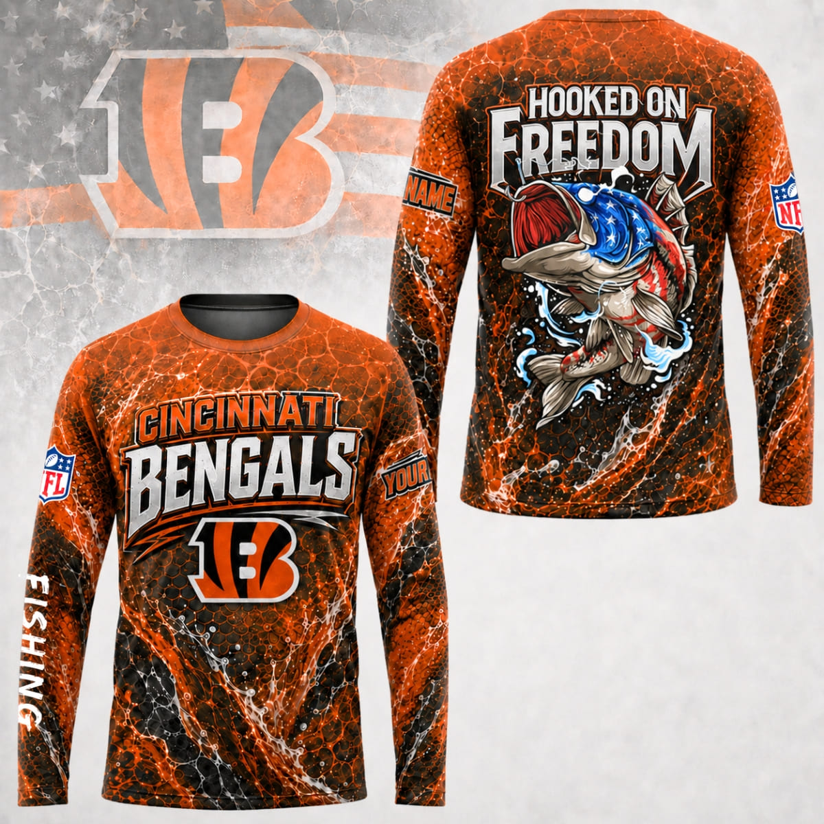 Personalized Cincinnati Bengals Hooked on Freedom Long Sleeve Shirt – Custom Name | NFL x Fishing
