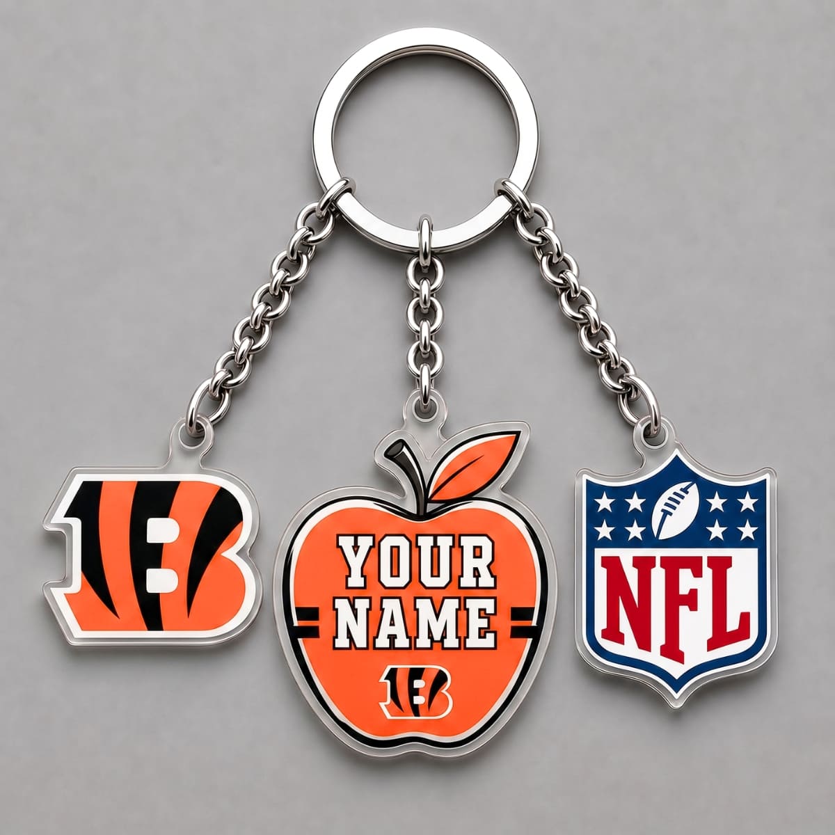 Personalized Cincinnati Bengals Back to School Apple Triple Charm Keychain – Custom Name | NFL Fan Gift