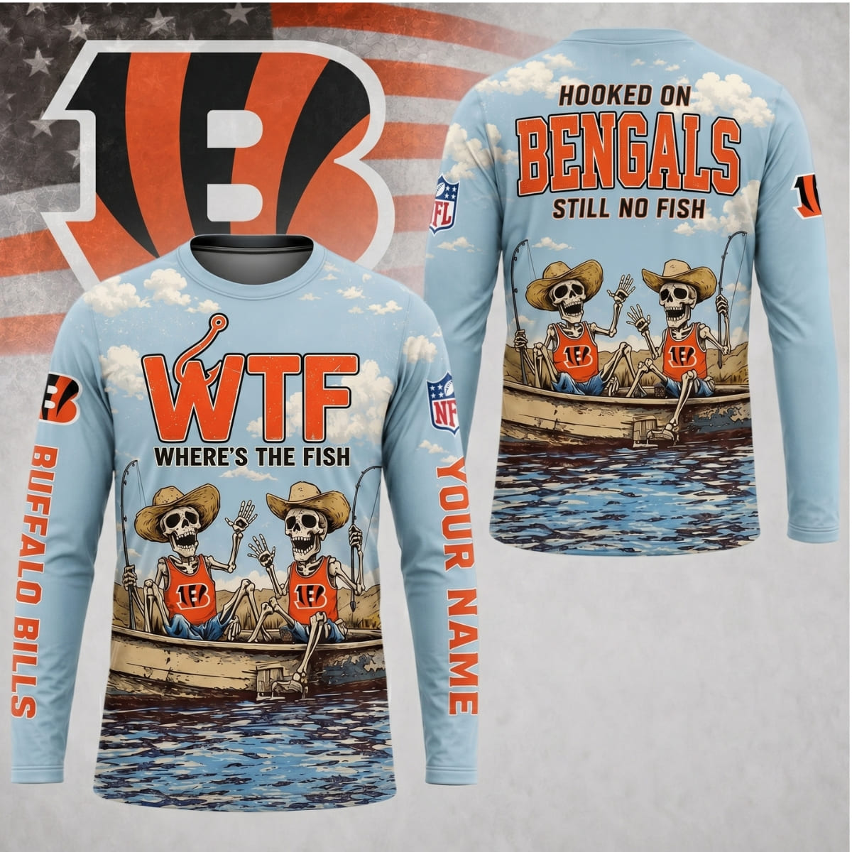 Personalized Cincinnati Bengals Where’s The Fish Long Sleeve Shirt – Custom Name | NFL x Fishing