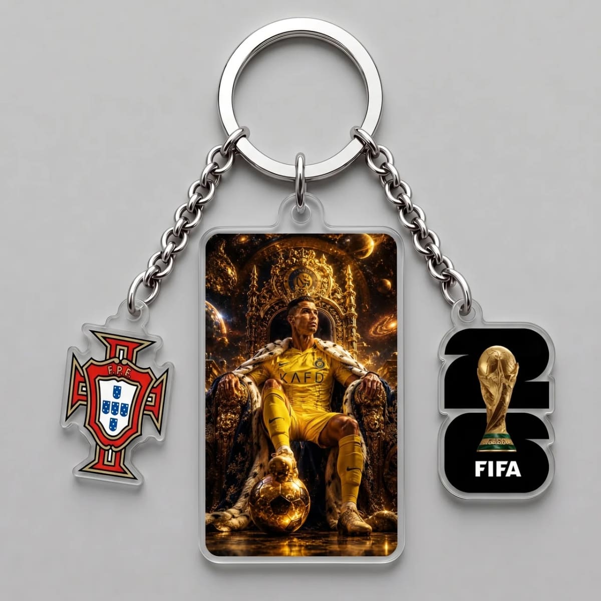 Cristiano Ronaldo Golden King Throne Triple Charm Keychain | World Cup 2026