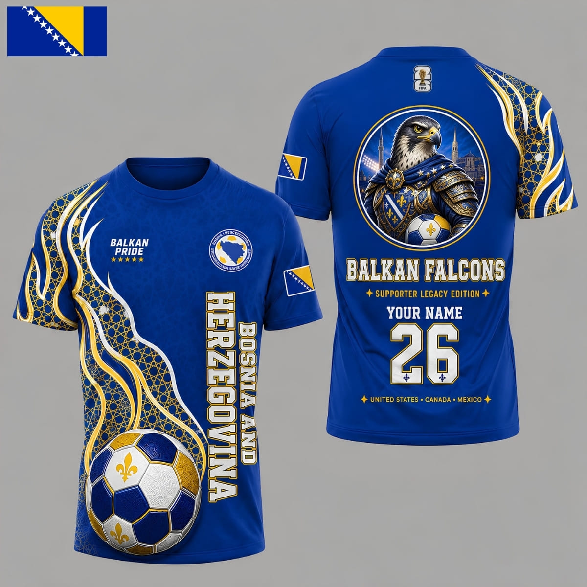 Personalized Bosnia and Herzegovina Balkan Falcons World Cup 2026 Unisex T-Shirt – Custom Name & Number