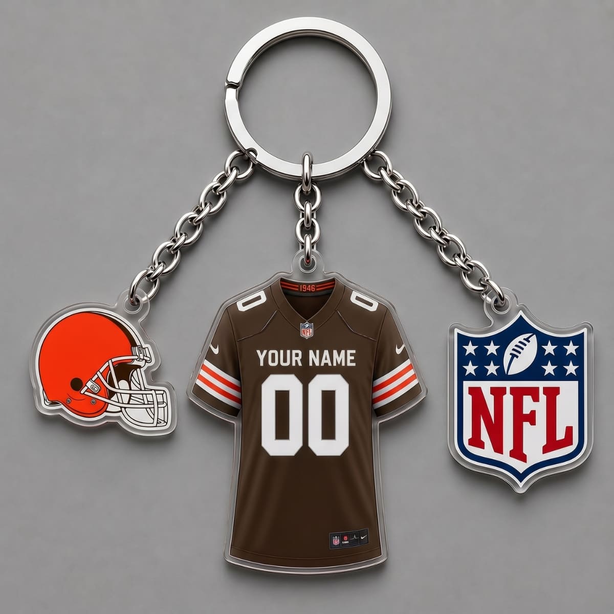 Personalized Cleveland Browns Triple Charm Jersey Keychain – Custom Name & Number | NFL Fan Gift