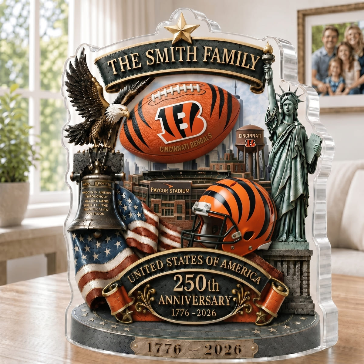 Personalized Cincinnati Bengals America 250 Family Legacy Acrylic Plaque – Custom Family Name | NFL Fan Gift
